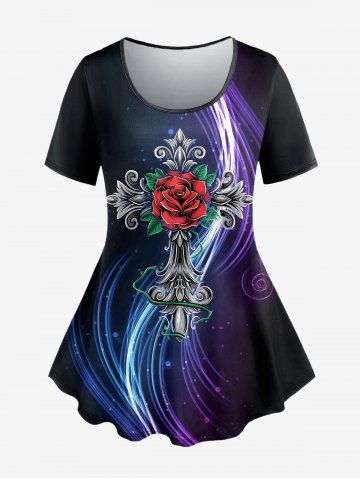 Plus Size Light Beam Cross Flower Print T-shirt - BLACK - 6X
