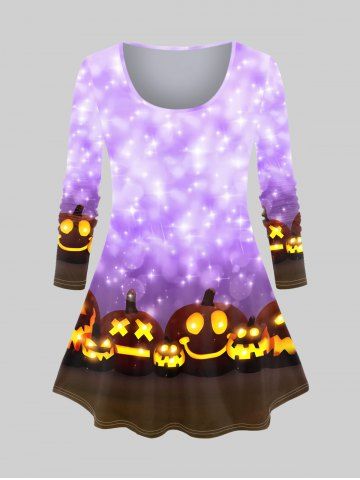 Plus Size Halloween Glitter Pumpkin Colorblock Print T-shirt - LIGHT PURPLE - XS