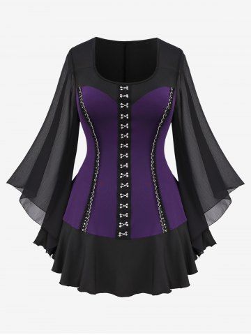 Plus Size Hook-and-Eye Buckle  Lace Trim Ruffles Sheer Bell Sleeves T-shirt - PURPLE - 1X | US 14-16