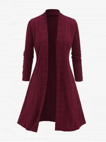 Plus Size Textured Button Sleeves Cardigan - DEEP RED - L