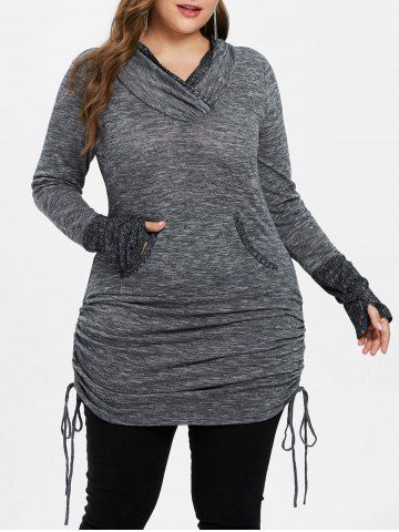 Plus Size Patchwork Pockets Cinched Marled T-shirt