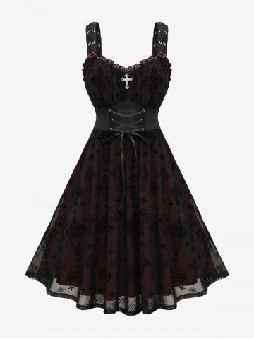 Gothic Plus Size Lace Up Ruffles Cross Tank Dress