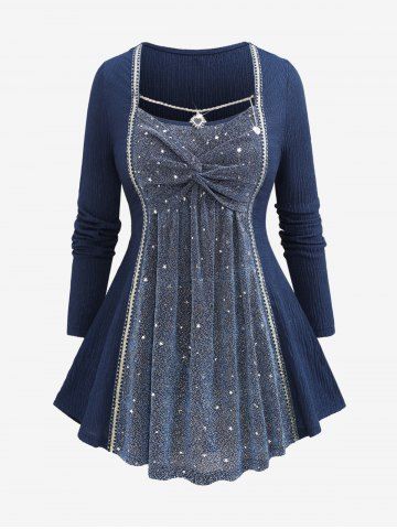 Plus Size Heart Chain Panel Glitter Sparkling Sequin Twist T-shirt - BLUE - L | US 12