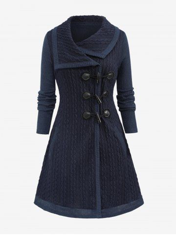 Plus Size Cable Knit Asymmetric Turn-down Collar Pockets Toggle Sweater - DEEP BLUE - M | US 10