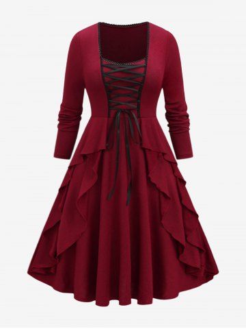 Plus Size Lace Up Layered Ruffles Ruched Solid Dress - DEEP RED - L | US 12