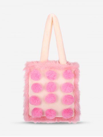 Women's Daily Fashion Fuzzy Pompoms Decor Fluffy Furry Faux Fur Panel Large Capacity Shoulder Tote Bag - LIGHT PINK - REGULAR