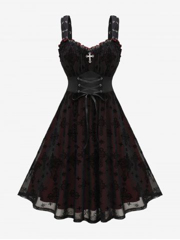 Plus Size Lace Up Ruffles Cross Tank Dress - BLACK - M | US 10