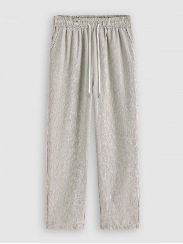 Men's Casual Plain Color Cotton and Linen Textured Drawstring Pants - LIGHT COFFEE - L
