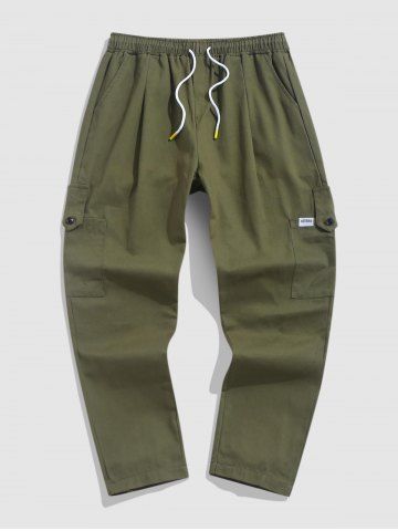 Men's Streetwear Daily Letter Patched Design Multi-pocket Drawstring Tapered Cargo Pants - ARMY GREEN - S