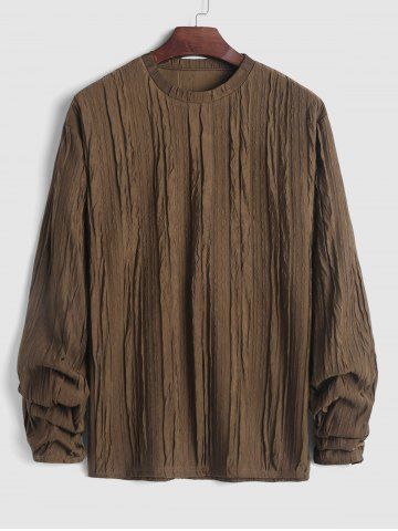 Men's Solid Color Soft Wrinkled Textured Long Sleeves Pullover T-shirt