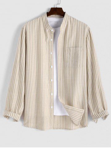 Long Sleeves Vertical Striped Stand Collar Casual Shirt - LIGHT COFFEE - XXL