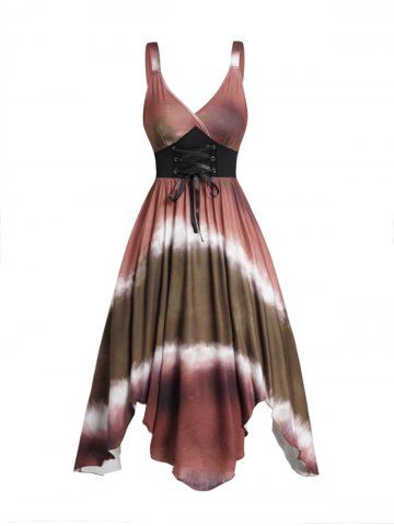 Tie Dye Print Corset Style Lace Up Surplice Neck Handkerchief Hem Midi Dress - DEEP COFFEE - XXL