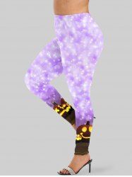 Plus Size Halloween Pumpkin Colorblock Glitter Print Leggings -  