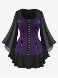 Plus Size Hook-and-Eye Buckle  Lace Trim Ruffles Sheer Bell Sleeves T-shirt -  