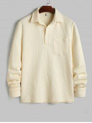 Men's Solid Color Long Sleeve Grid Textured Button Placket Polo Collar Pullover Sweatshirt -  