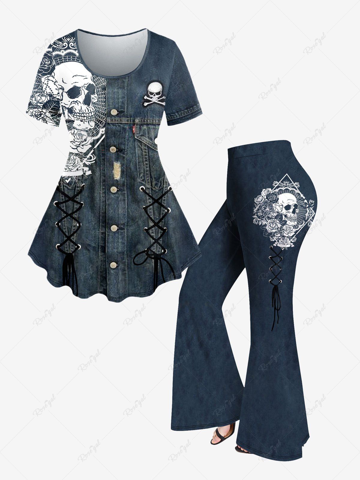 Cheap Skull Buttons Lace Up Denim 3D Printed T-shirt and Flare Pants Plus Size 70s 80s Outfit  