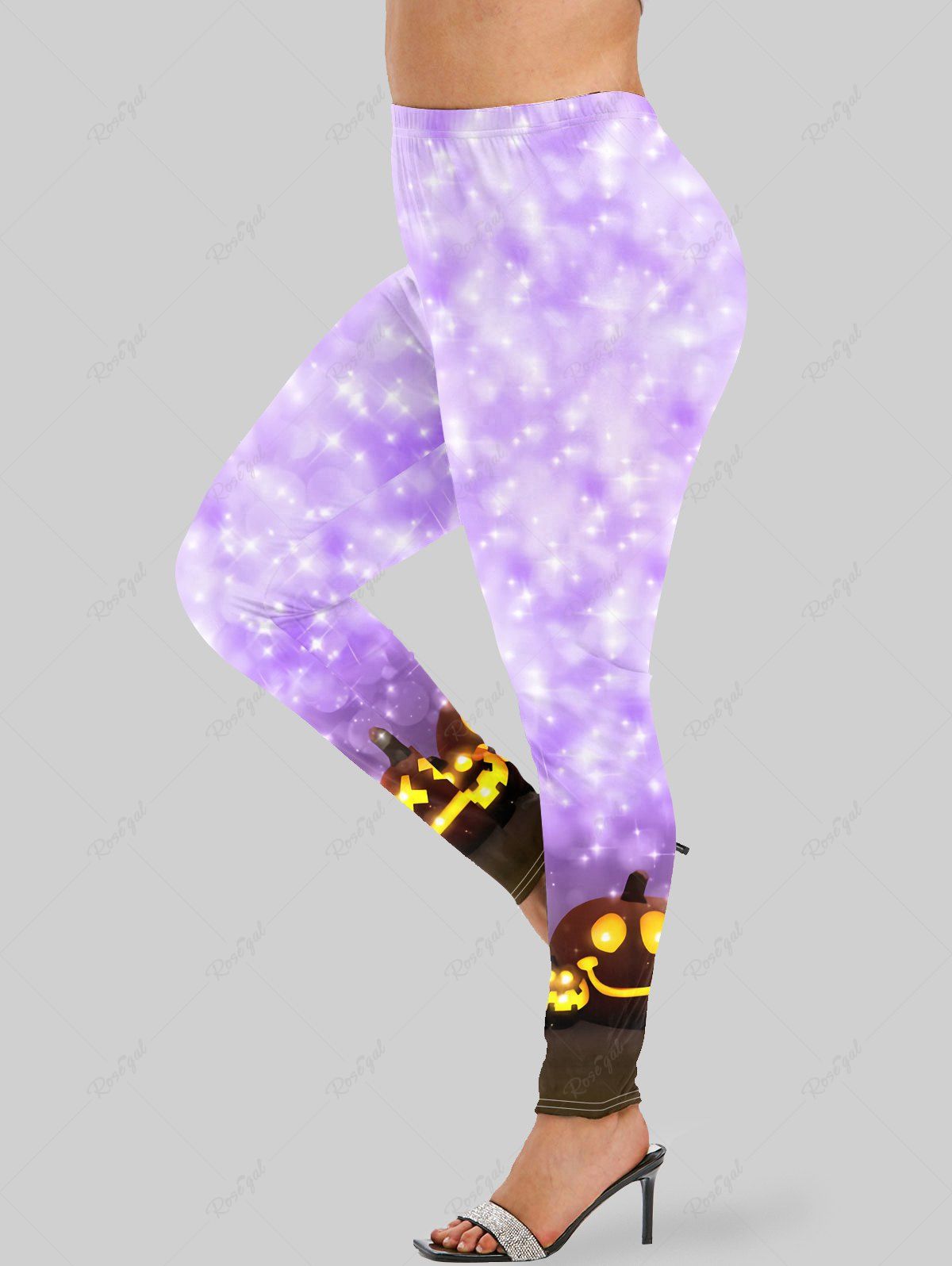 Store Plus Size Halloween Pumpkin Colorblock Glitter Print Leggings  