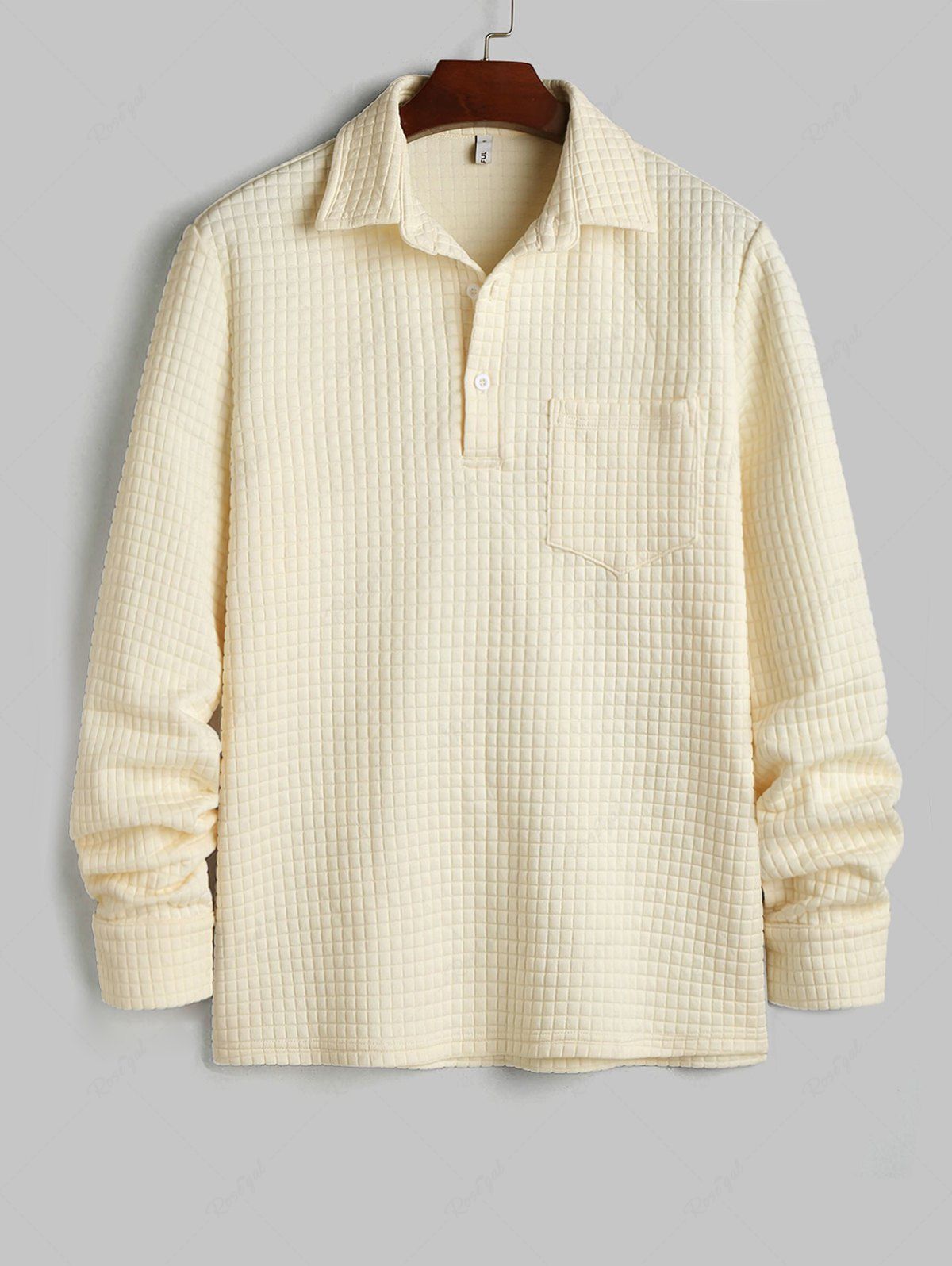 Cheap Men's Solid Color Long Sleeve Grid Textured Button Placket Polo Collar Pullover Sweatshirt  
