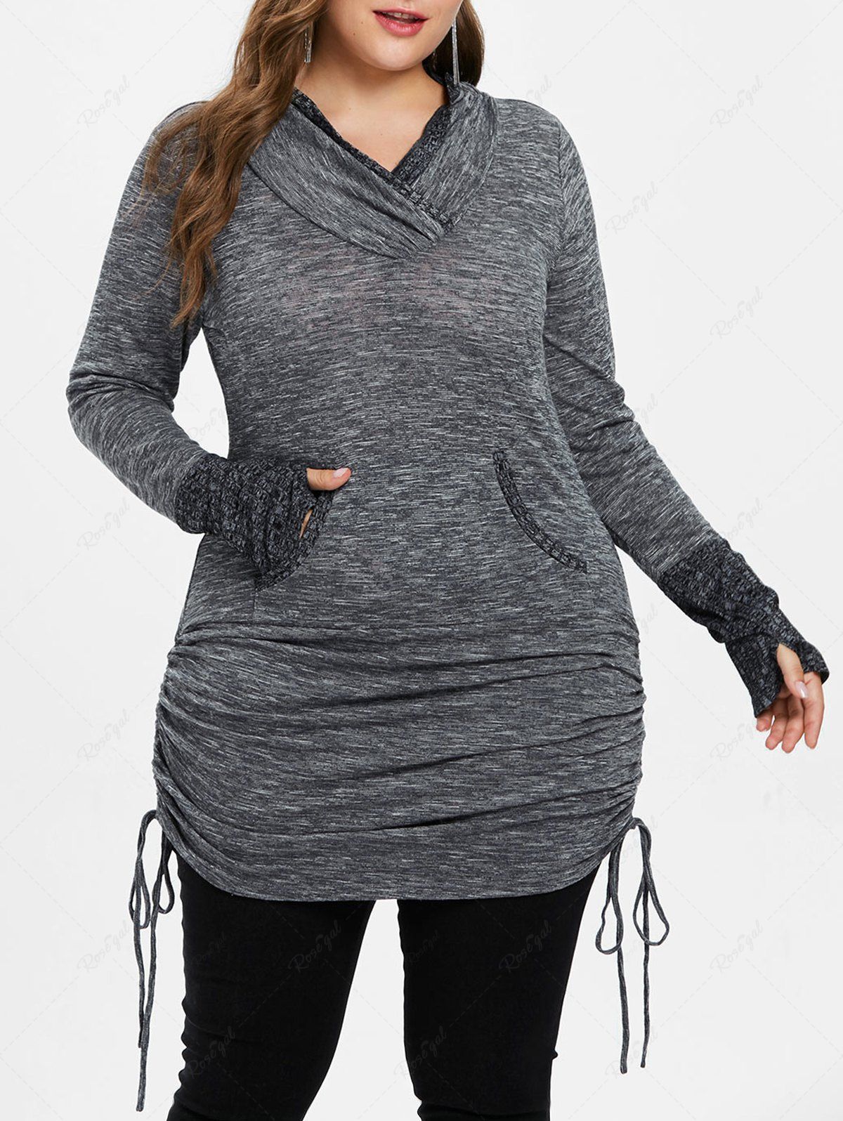 Store Plus Size Patchwork Pockets Cinched Marled T-shirt  