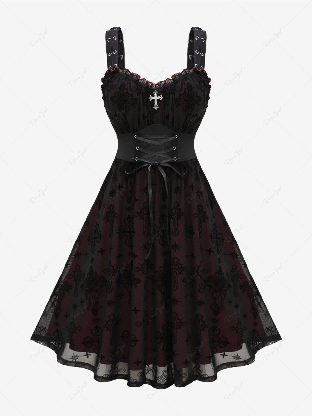 Gothic Plus Size Lace Up Ruffles Cross Tank Dress