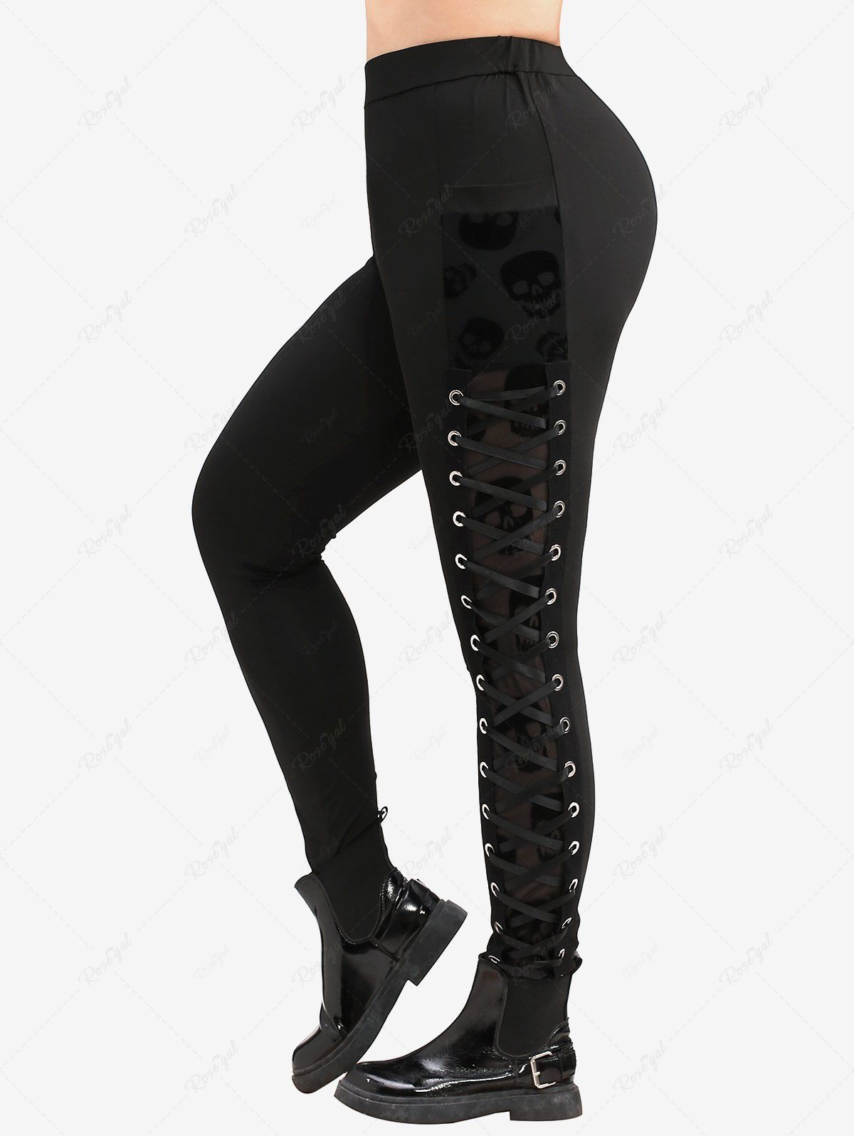 Cheap Plus Size Grommets Lace Up Skull Leggings  