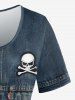 Skull Buttons Lace Up Denim 3D Printed T-shirt and Flare Pants Plus Size 70s 80s Outfit -  