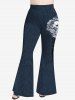 Skull Buttons Lace Up Denim 3D Printed T-shirt and Flare Pants Plus Size 70s 80s Outfit -  