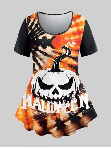 Gothic Pumpkin Tie Dye Print Halloween Short Sleeves T-shirt - BLACK - 1X