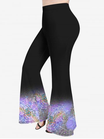 Plus Size Spider Web Sparkling Glitter Print Ombre Halloween Flare Pants