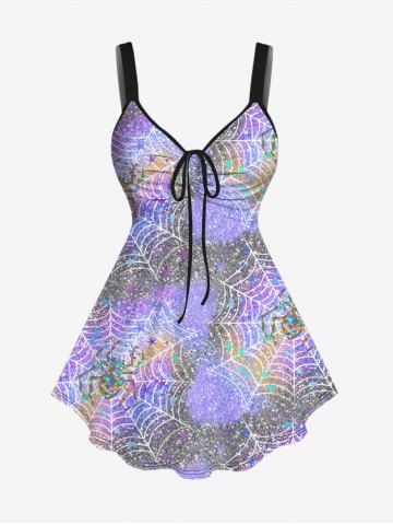 Plus Size Spider Web Sparkling Glitter Print Cinched Halloween Tank Top