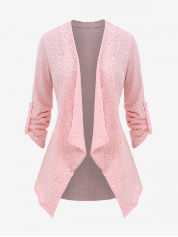 Plus Size Hollow Out Roll Tab Sleeves Textured Cardigan - LIGHT PINK - L