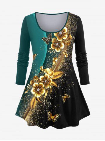 Plus Size Colorblock Flower Butterfly Sparkling Sequin Print T-shirt - DEEP GREEN - 2X