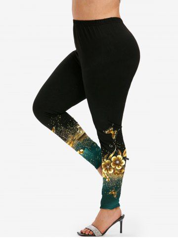 Plus Size Colorblock Flower Butterfly Sparkling Sequin Print Leggings - BLACK - S