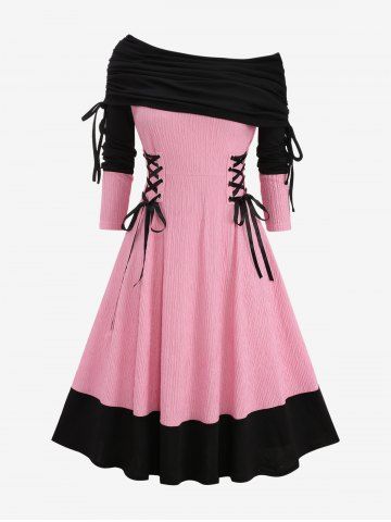 Plus Size Boat Neck Turn-down Ruched Collar Lace Up Textured Patchwork A Line Sweater Dress