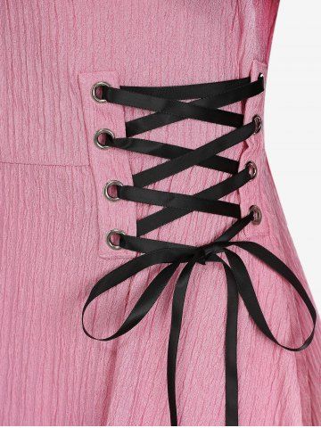 Plus Size Boat Neck Turn-down Ruched Collar Lace Up Textured Patchwork A Line Sweater Dress