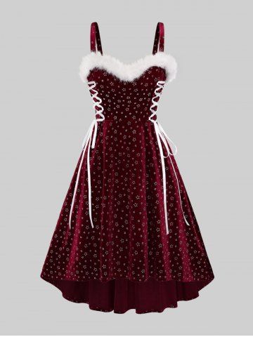 Plus Size Christmas Glitter Pentagram Stamping Lace Up Fuzzy Trim Ruched High Low Velvet Tank Party Dress - DEEP RED - 3X | US 22-24
