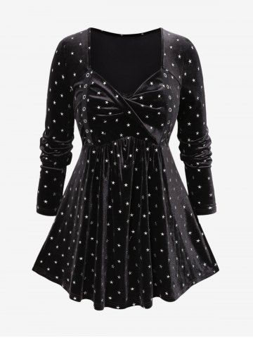 Plus Size Pentagram Print Twist Ruched Grommet Long Sleeves T-shirt - BLACK - 3X | US 22-24