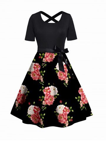 Plus Size Flower Print Belt Crisscross A Line Casual Midi Dress - BLACK - L