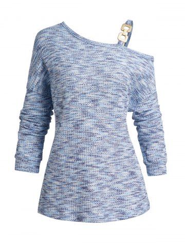 Space Dye Print Knit Oblique Shoulder Long Sleeve Casual Top - LIGHT BLUE - S