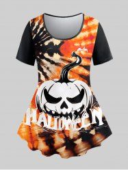 T-shirt D'Halloween Gothique Citrouille Teinté Imprimé à Manches Courtes - Noir 5X
