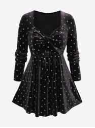 Plus Size Pentagram Print Twist Ruched Grommet Long Sleeves T-shirt -  