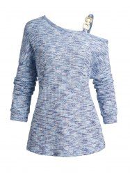Haut Décontracté en Tricot à Imprimé Chiné à Epaule Oblique à Manches Longues - Bleu clair M