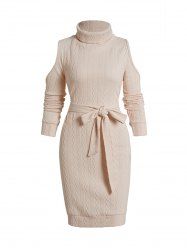 Belt Knit Turtleneck Cold Shoulder Casual Mini Dress -  