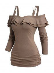 Blouse Décontractée à Epaule Dénudée Décor de Métal en Couleur Unie à Manches Longues - café XL