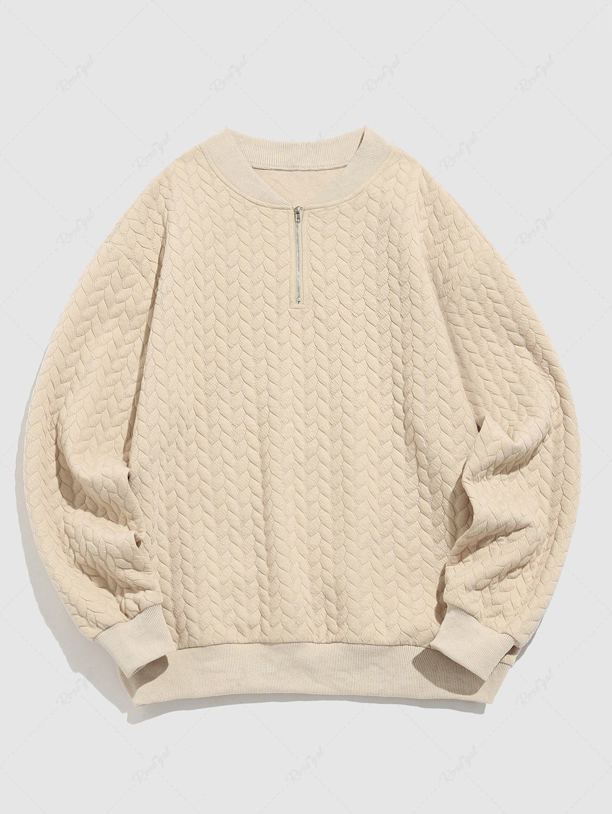Online Men's Athleisure Style Daily Solid Color Cable Jacquard Textured Quarter Zip Ribbed Edge Stand Collar Long Sleeve Sweatshirt  