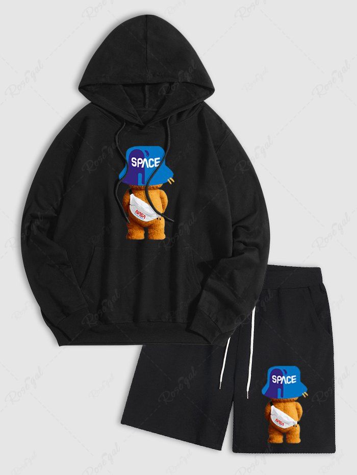 Cheap Men's SPACE Cartoon Bear Graphic Pattern Kangaroo Pocket Pullover Hoodie and Drawstring Sports Shorts Set  