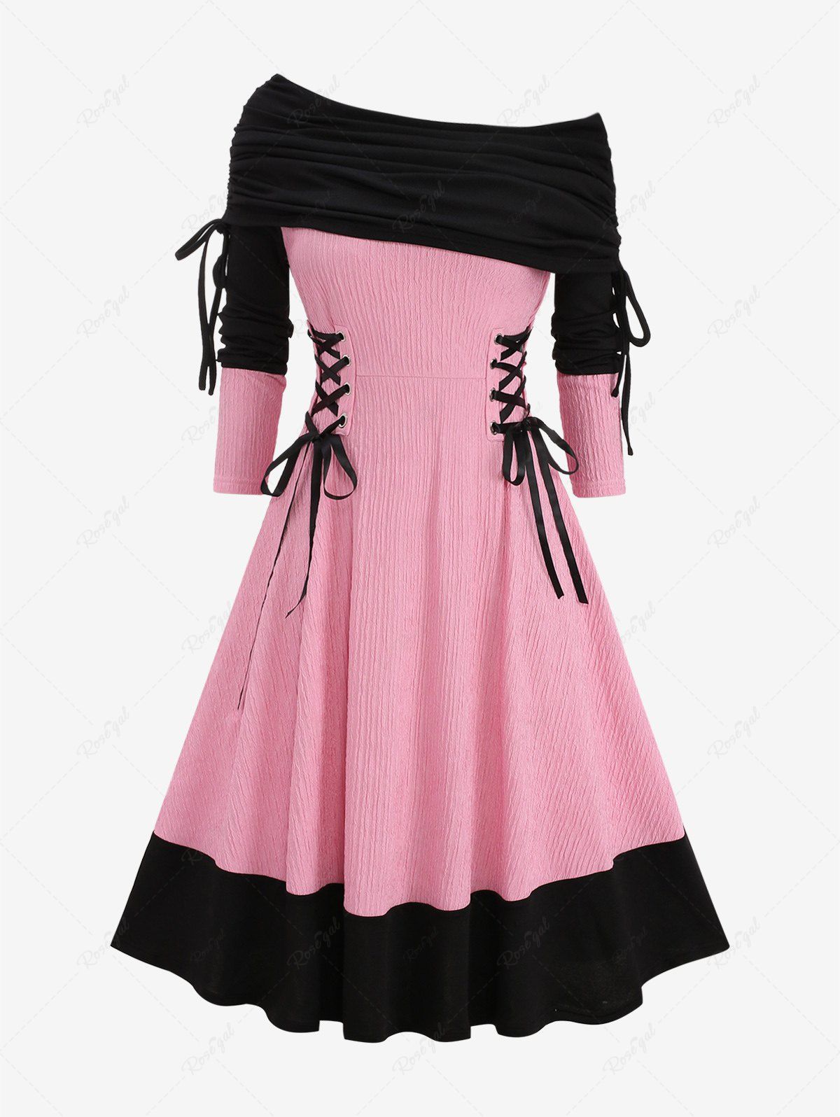 New Plus Size Boat Neck Turn-down Ruched Collar Lace Up Textured Patchwork A Line Sweater Dress  