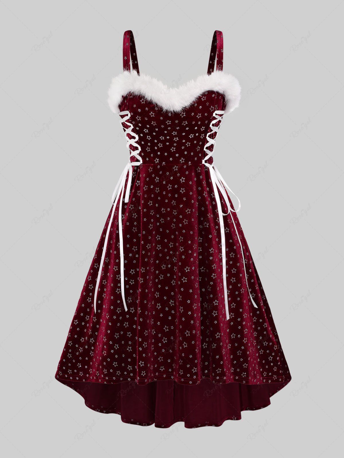 Unique Plus Size Christmas Glitter Pentagram Stamping Lace Up Fuzzy Trim Ruched High Low Velvet Tank Party Dress  