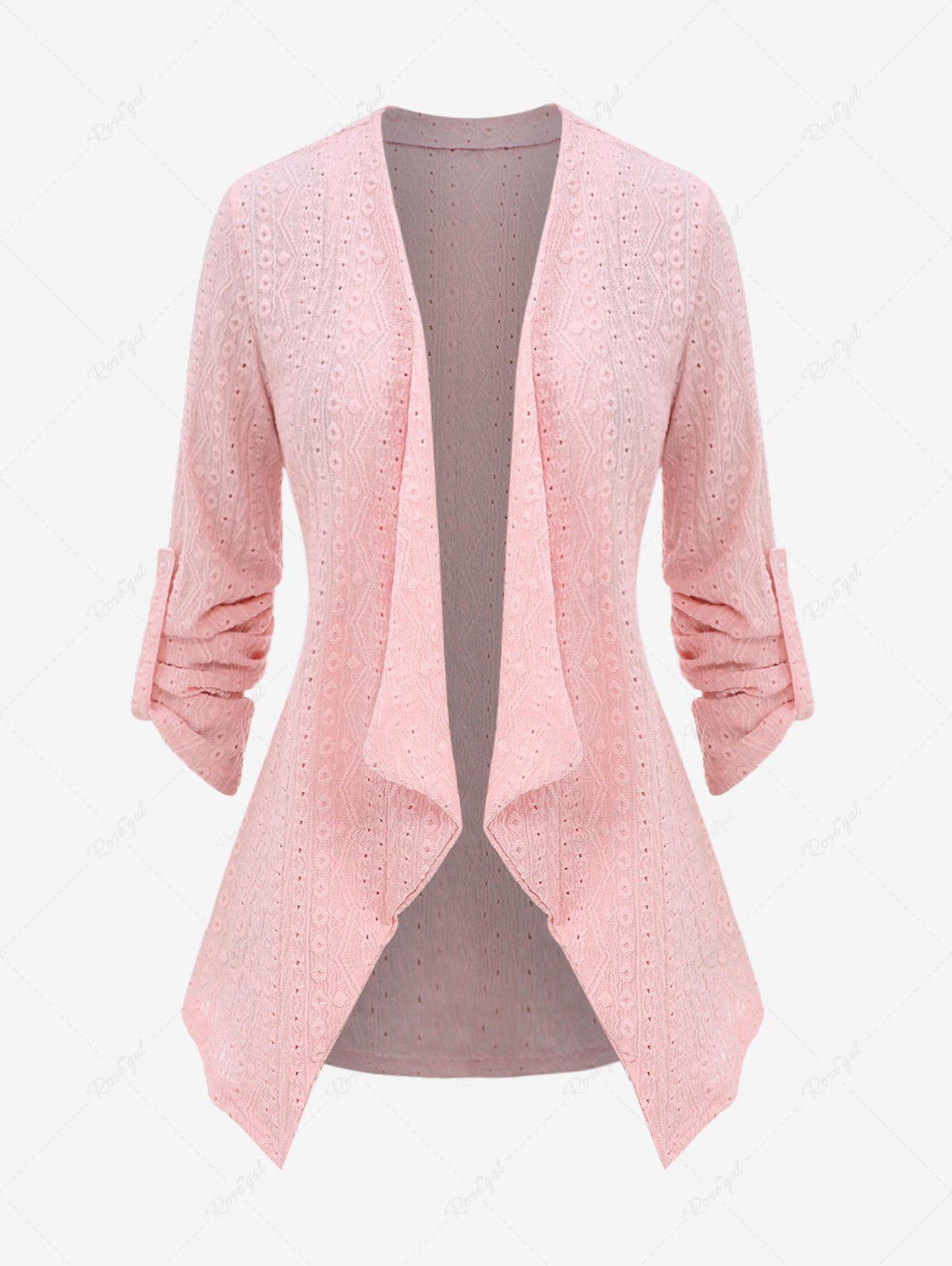 Fancy Plus Size Hollow Out Roll Tab Sleeves Textured Cardigan  