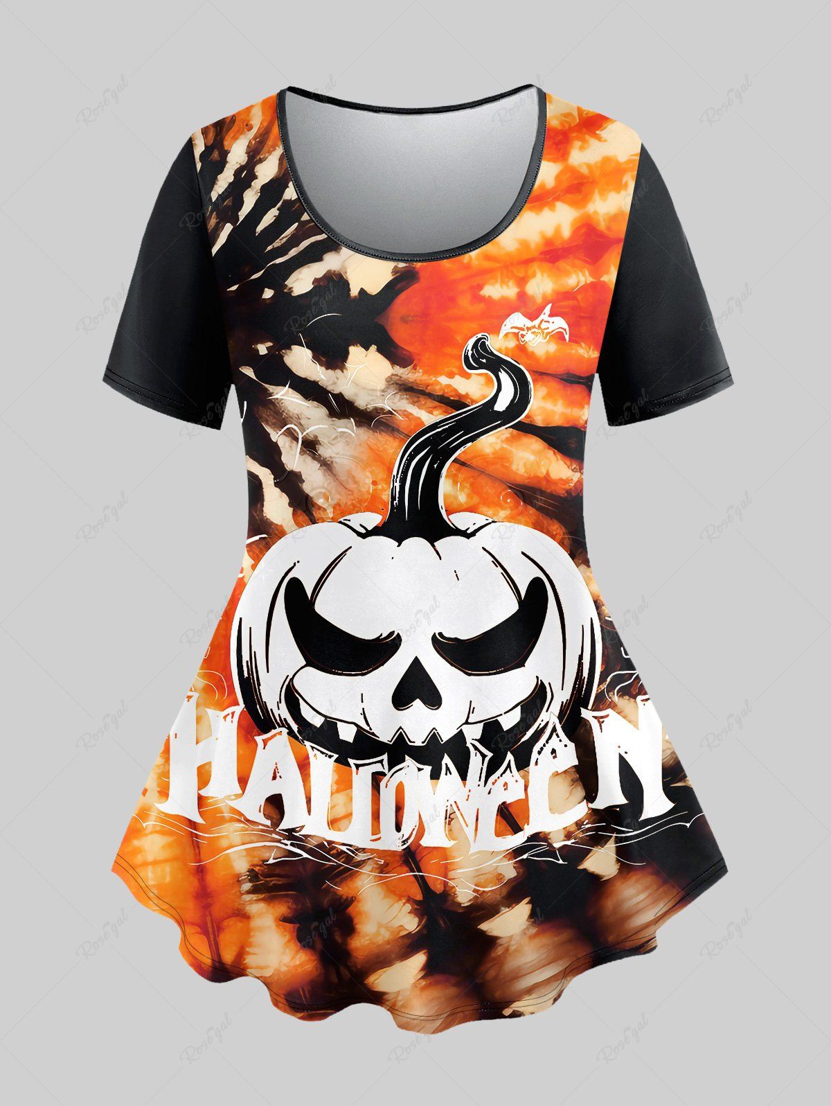 T-shirt D'Halloween Gothique Citrouille Teinté Imprimé à Manches Courtes Noir 6X